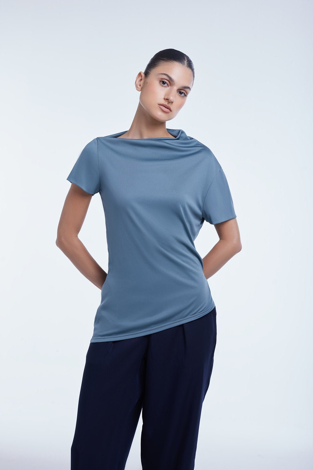 ASYMMETRICAL SHORT SLEEVE TOP | BLUE GREY