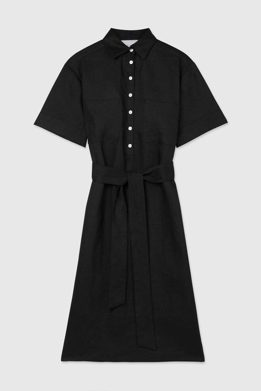 LINEN MIDI SHIRTDRESS | Black