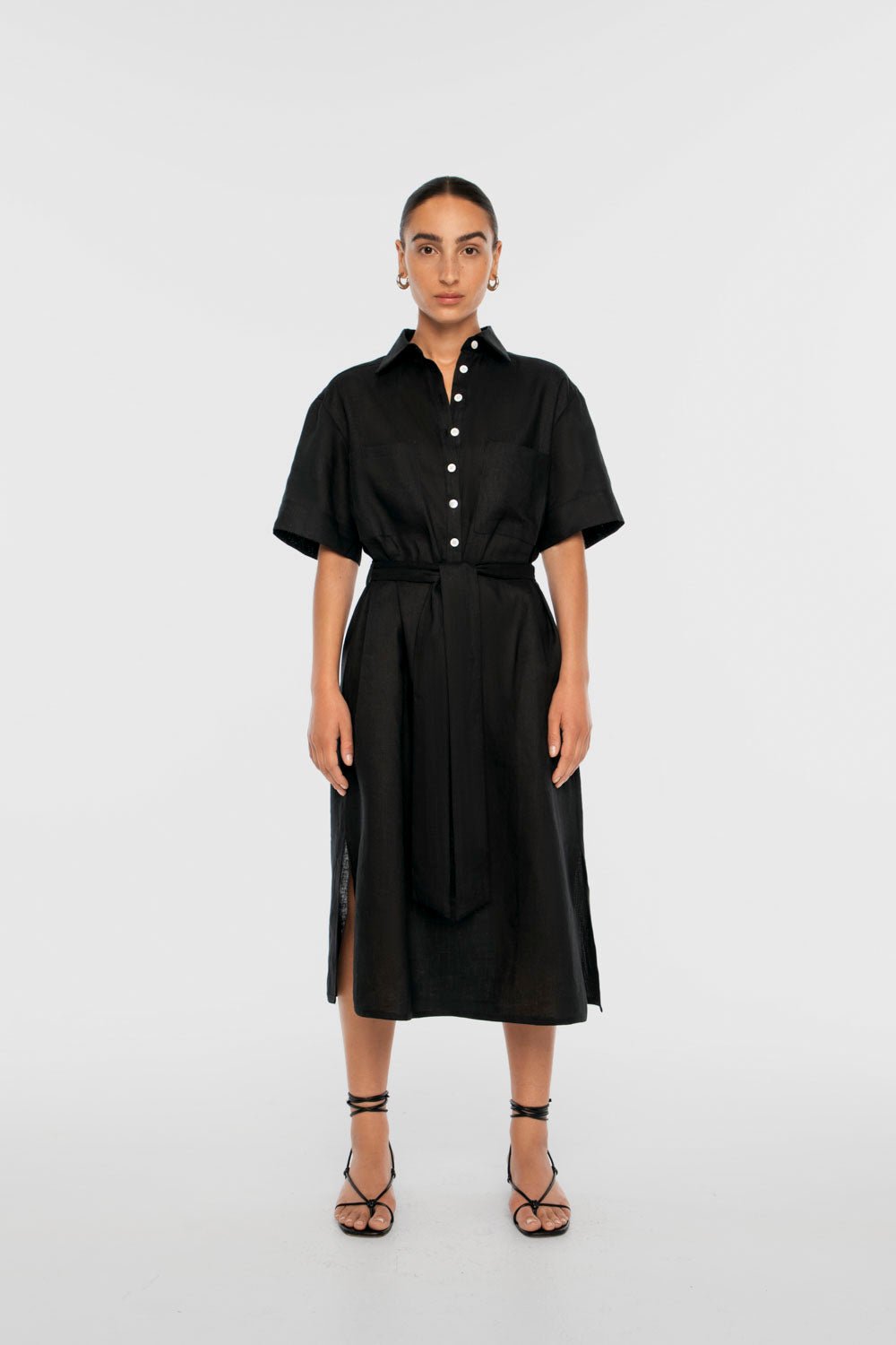 LINEN MIDI SHIRTDRESS | Black