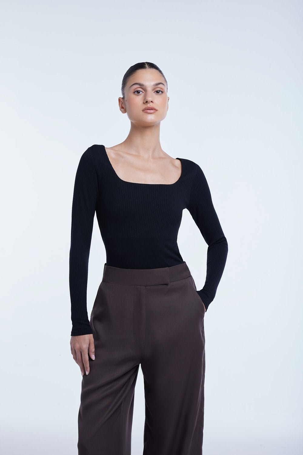 RIBBED LONG SLEEVE BODYSUIT | BLACK