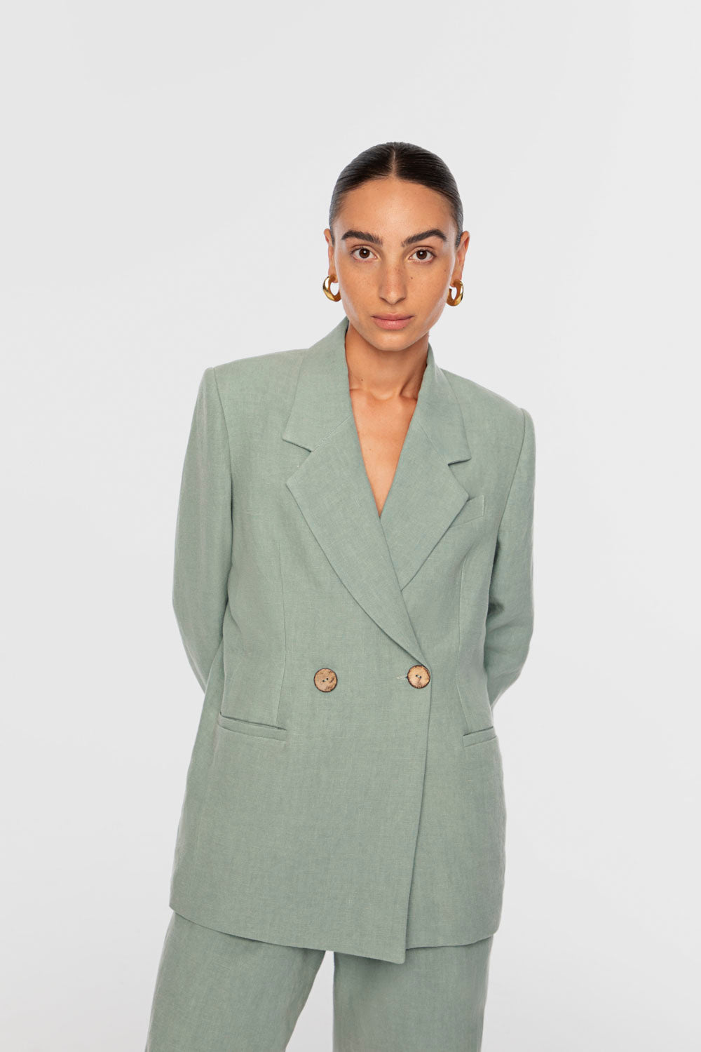 SIGNATURE LINEN DOUBLE-BREASTED BLAZER | MIST