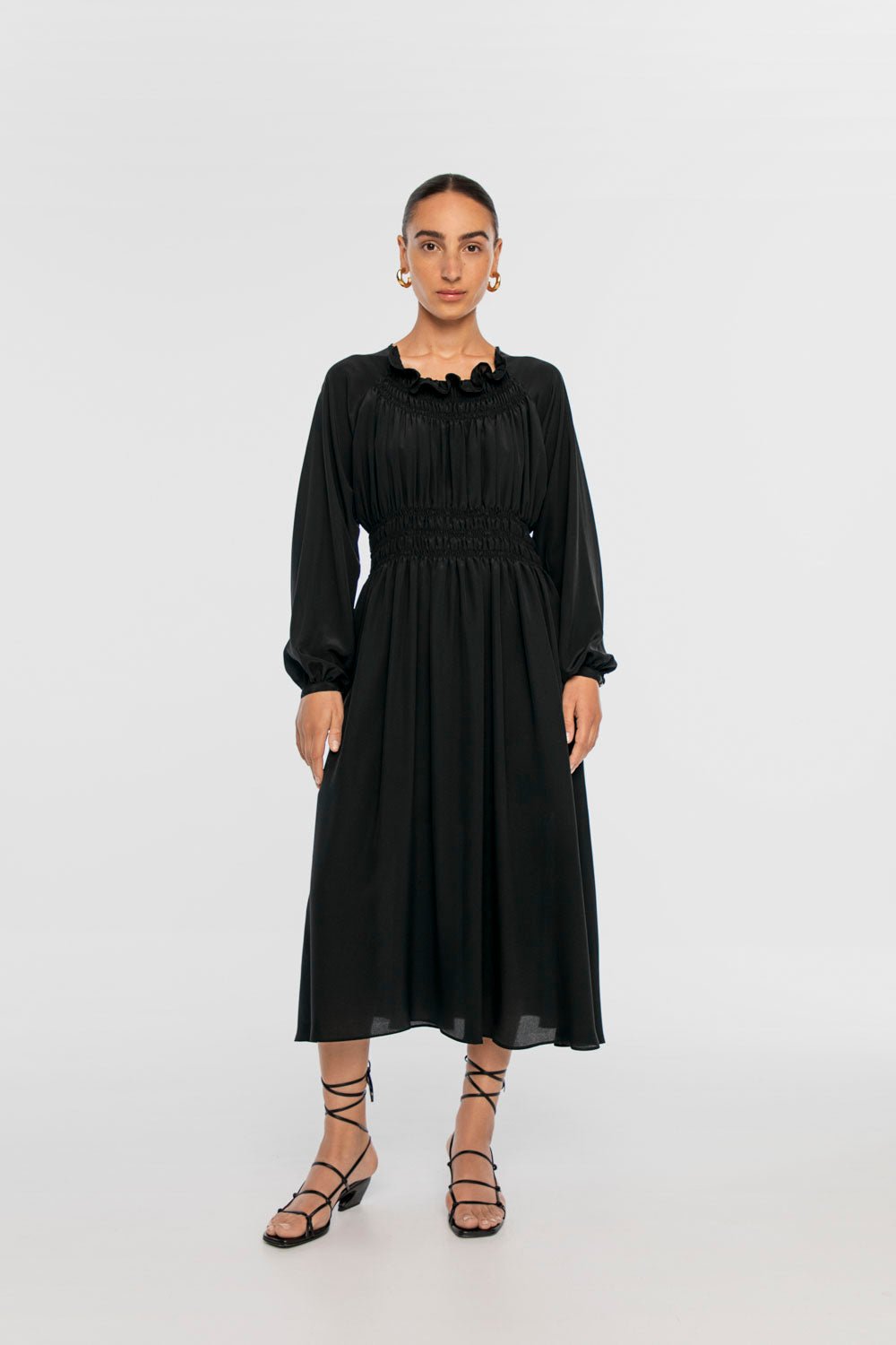 SILK SHIRRED MIDI DRESS | Black