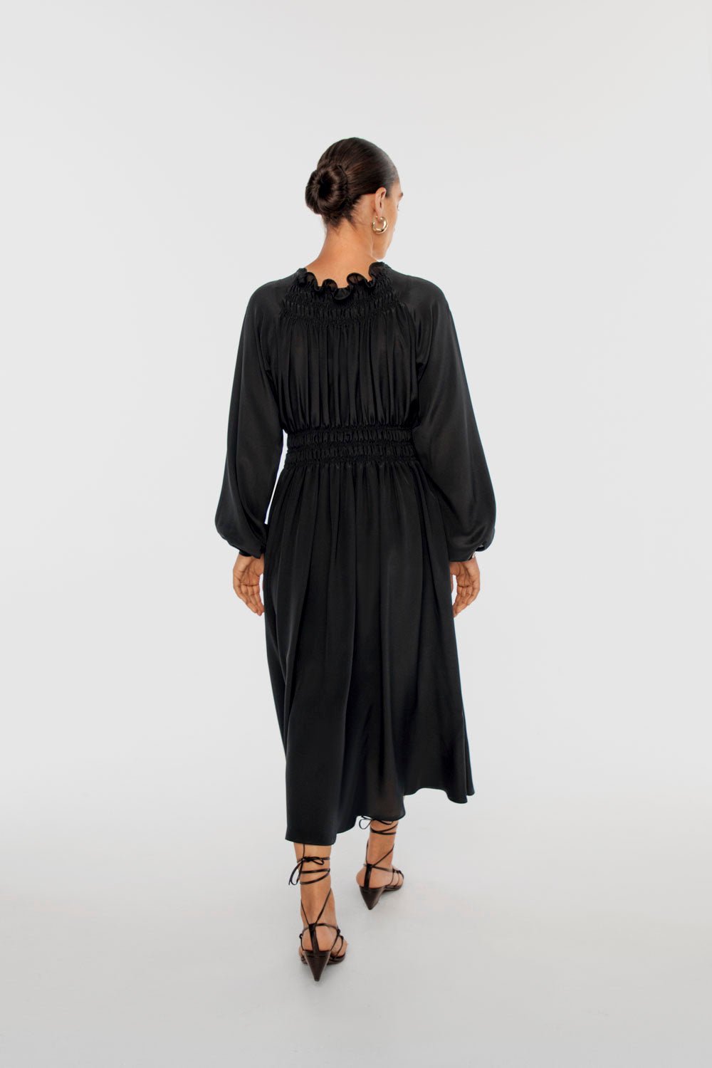 SILK SHIRRED MIDI DRESS | Black