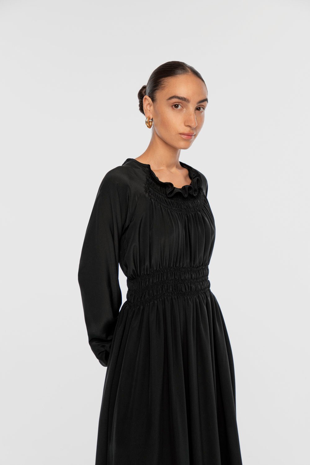 SILK SHIRRED MIDI DRESS | Black