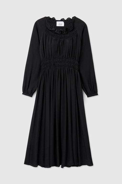 SILK SHIRRED MIDI DRESS | Black