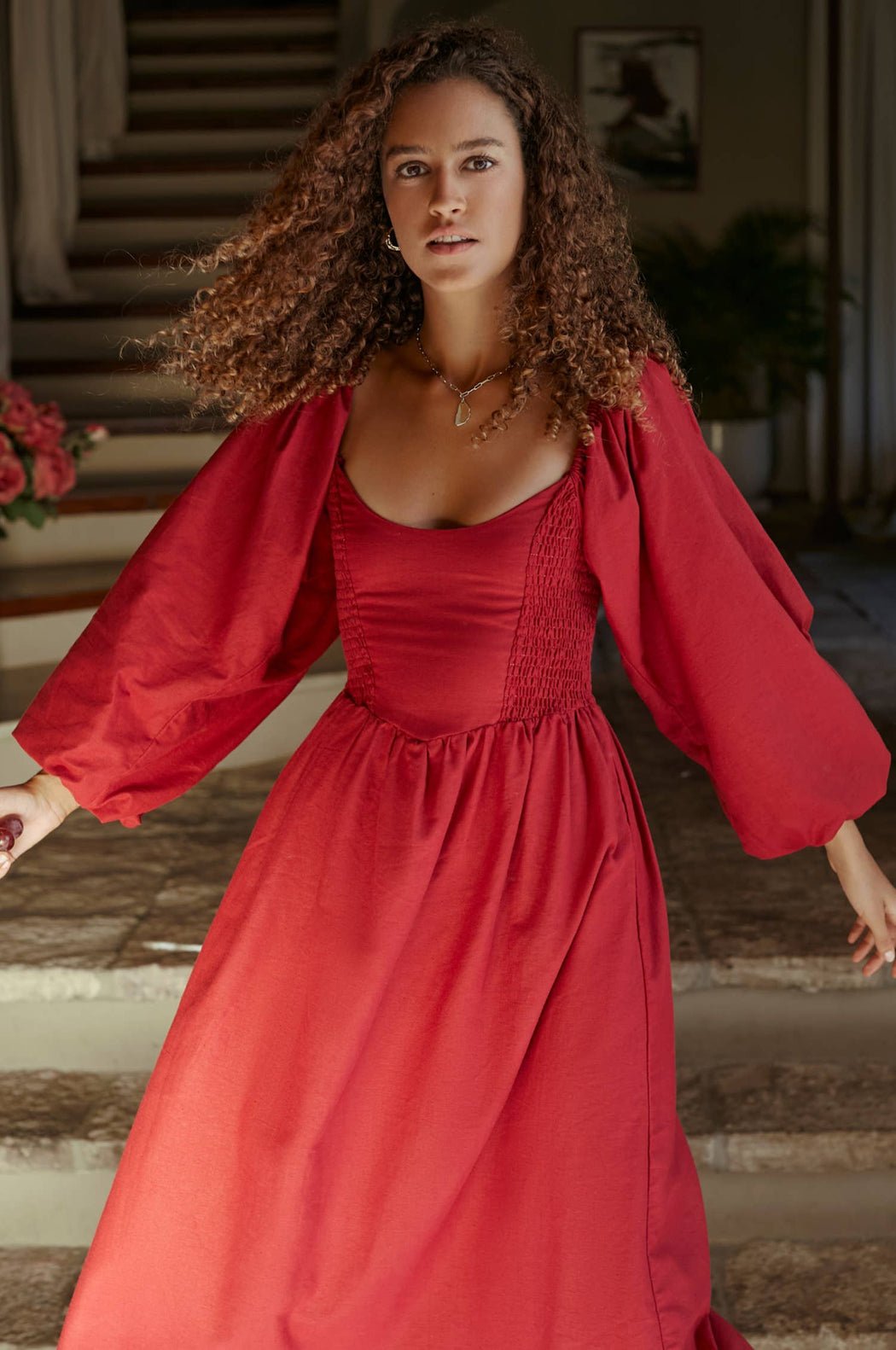 Alila Smocked Linen Midi Dress | Merlot