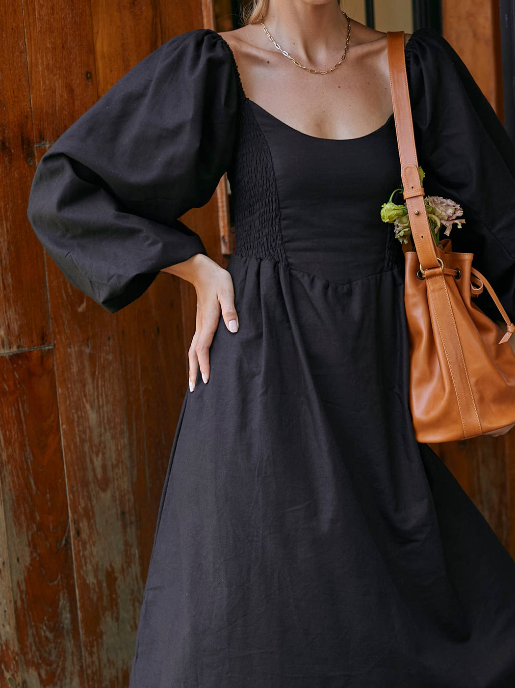 Alila Smocked Linen Midi Dress | Black