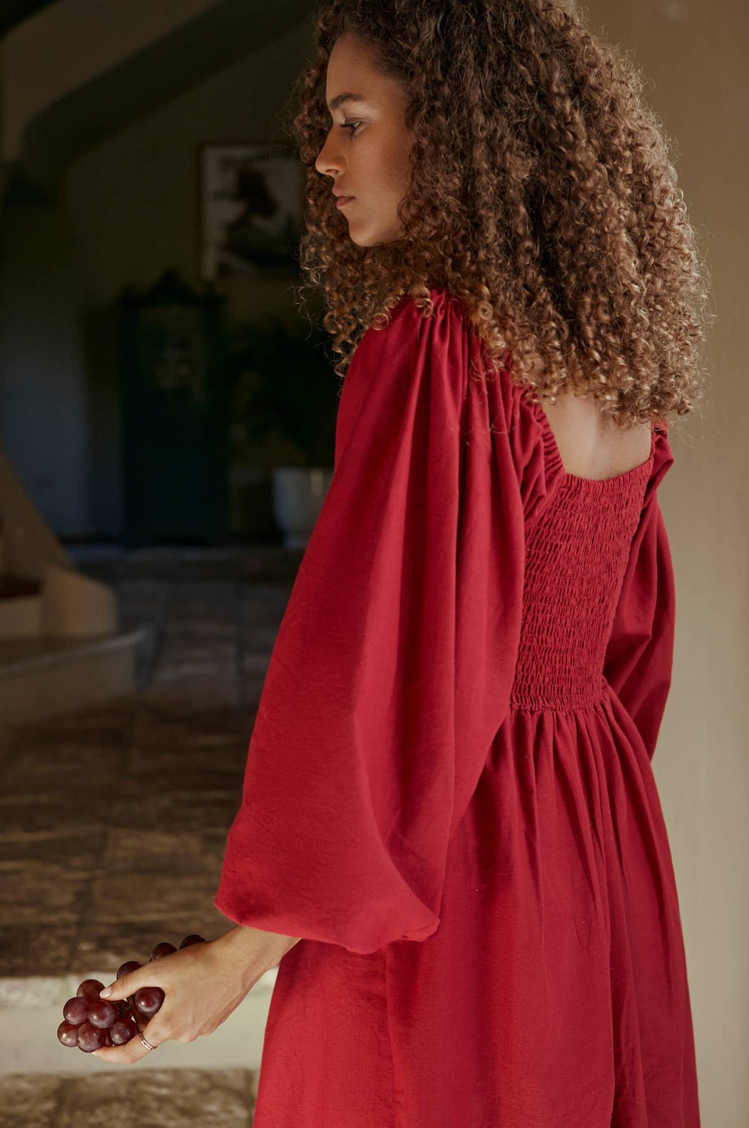 Alila Smocked Linen Midi Dress | Merlot