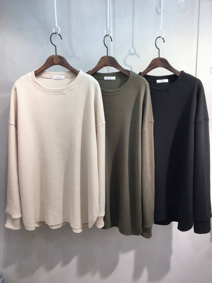 Waffle Knit Cotton Relaxed Long Sleeve Top | Ivory