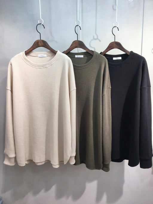 Waffle Knit Cotton Relaxed Long Sleeve Top | Ivory