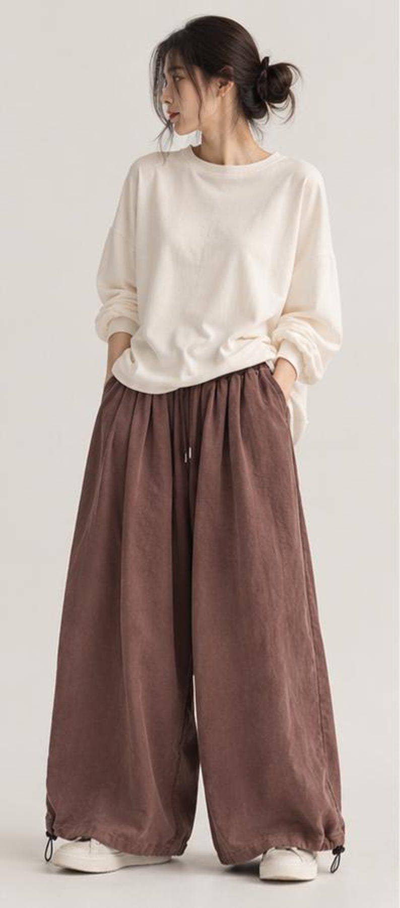 Washed Cotton Wide Leg Pants | Brown