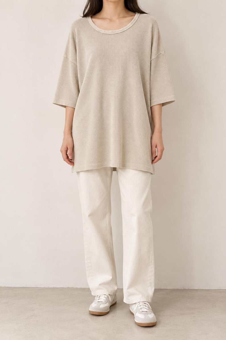 Waffle Texture Cotton Oversized Minimalist Top | Cream