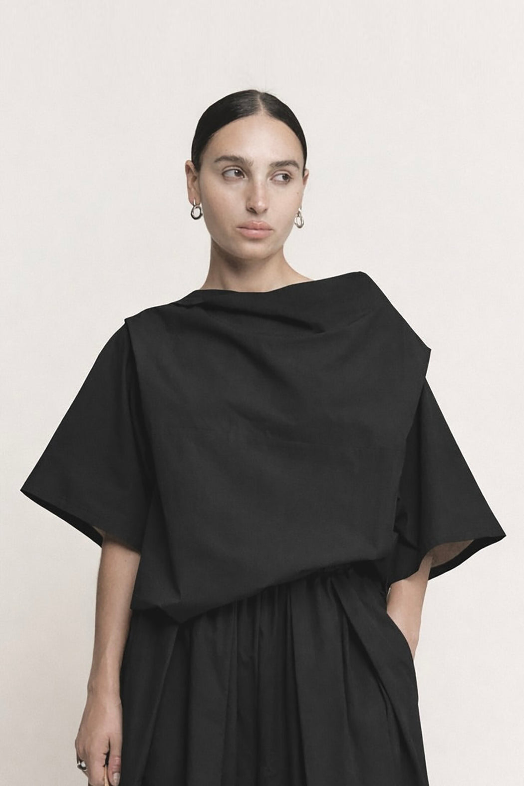 Sculptural Bateau Top | Black Parchment Poplin
