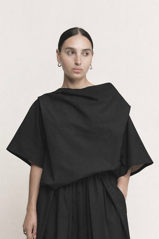 Sculptural Bateau Top | Black Parchment Poplin
