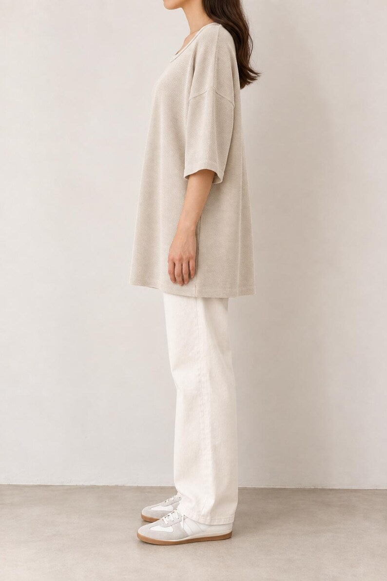 Waffle Texture Cotton Oversized Minimalist Top | Cream