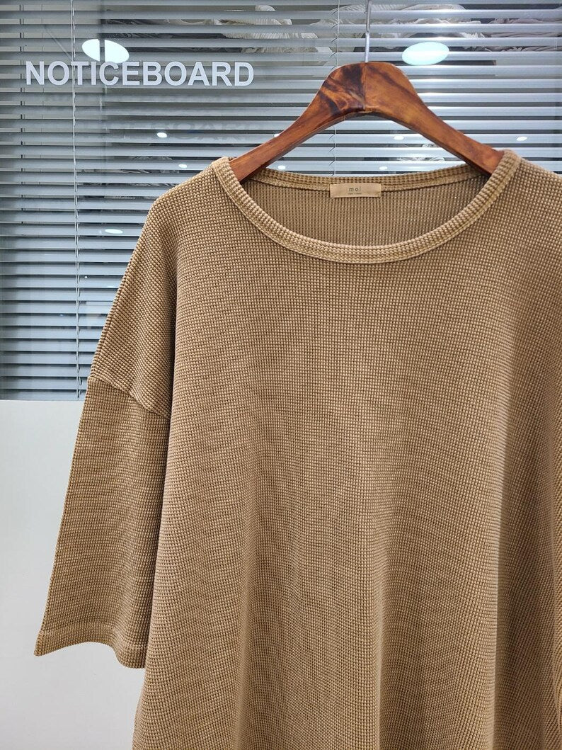 Waffle Texture Cotton Oversized Minimalist Top | Beige