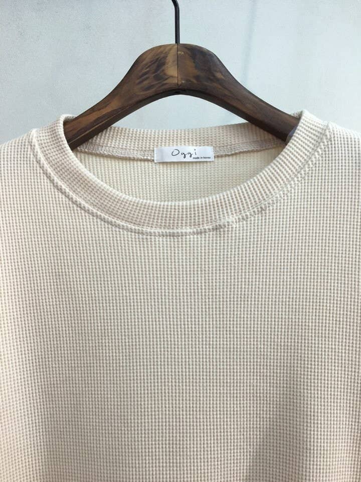 Waffle Knit Cotton Relaxed Long Sleeve Top | Ivory