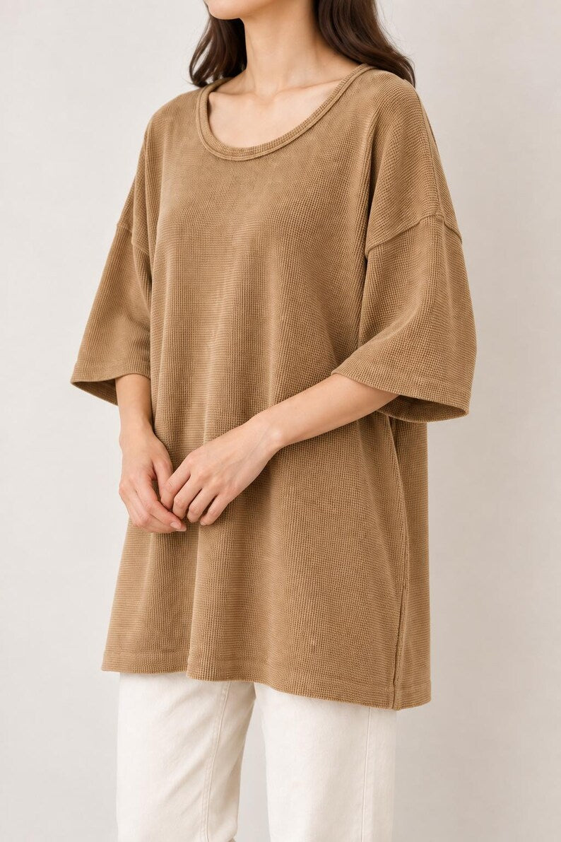 Waffle Texture Cotton Oversized Minimalist Top | Beige