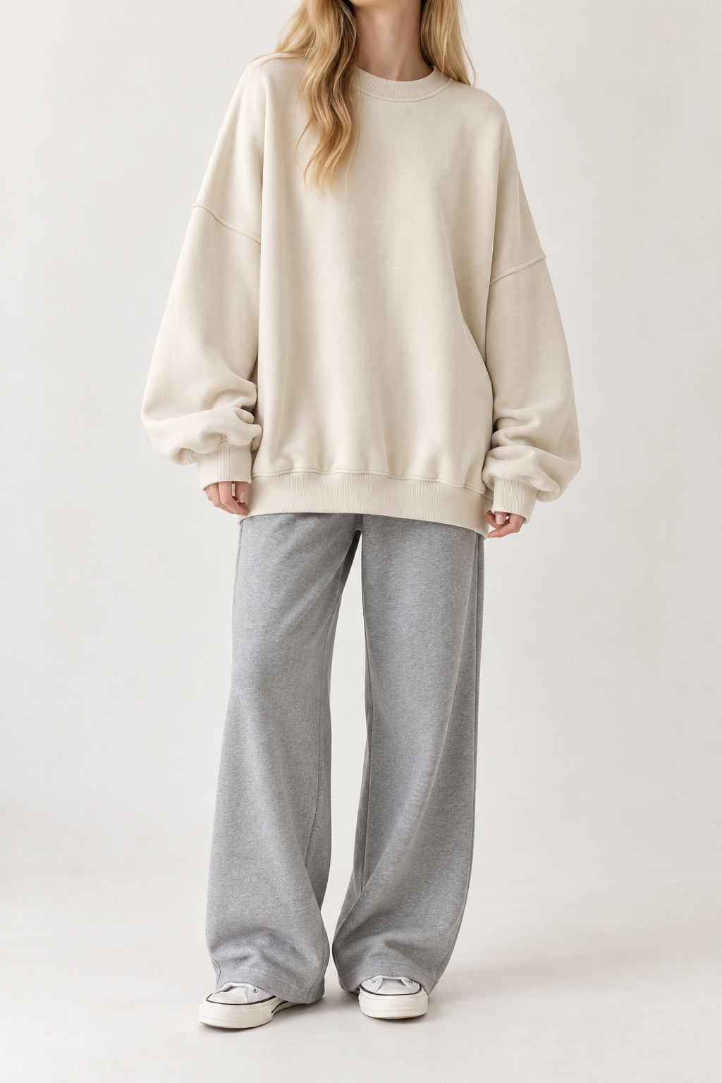Overfit Thick Soft Cotton Fleece Sweatshirts | Beige