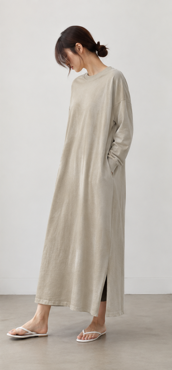 Oversized Long Sleeve Cotton Maxi Dress | Oat