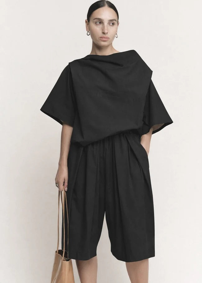 Sculptural Bateau Top | Black Parchment Poplin