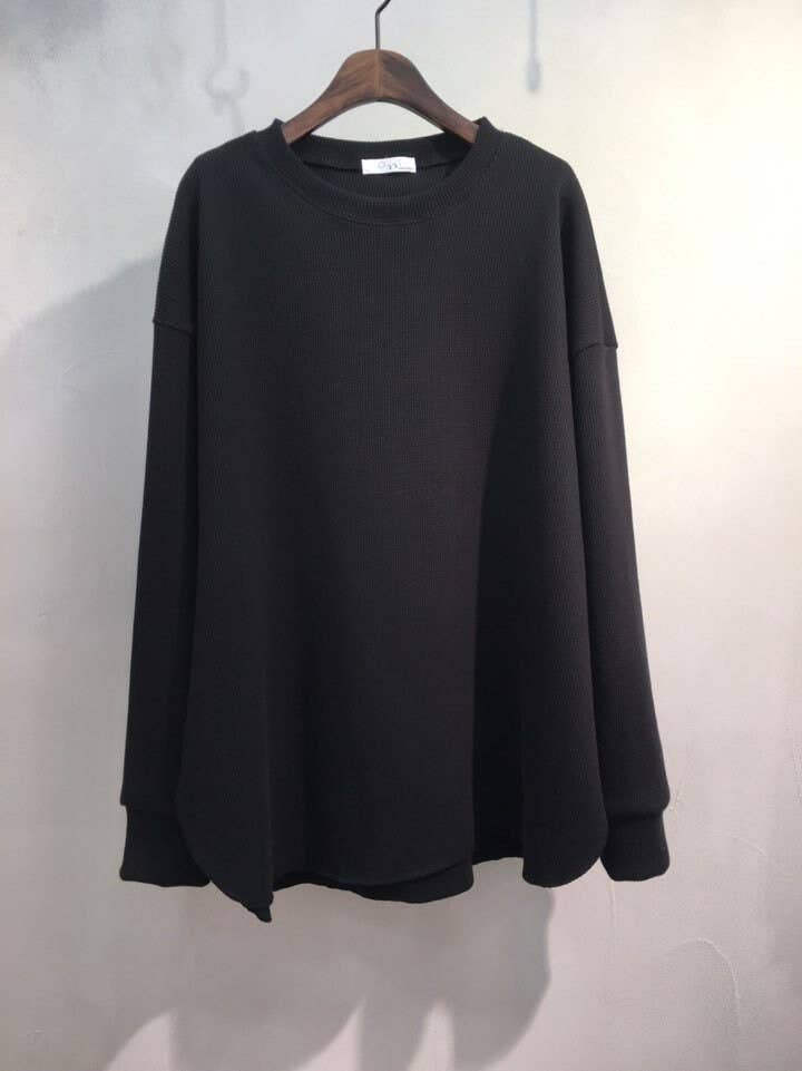 Waffle Knit Cotton Relaxed Long Sleeve Top | Black