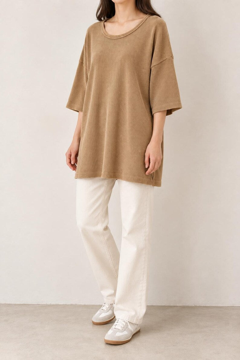 Waffle Texture Cotton Oversized Minimalist Top | Beige