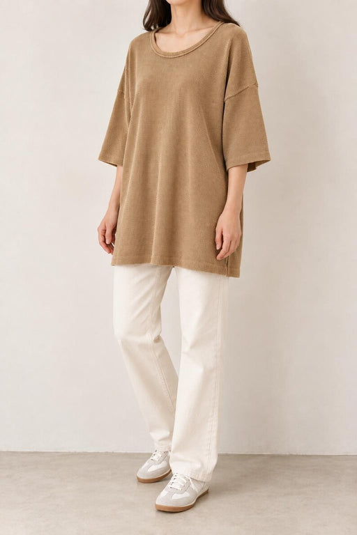 Waffle Texture Cotton Oversized Minimalist Top | Beige