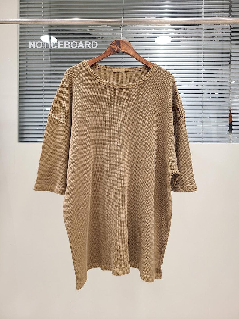 Waffle Texture Cotton Oversized Minimalist Top | Beige