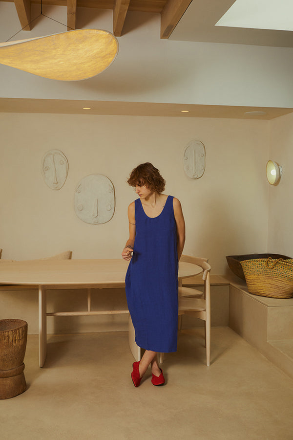 BASIC LINEN SHIFT DRESS | COBALT
