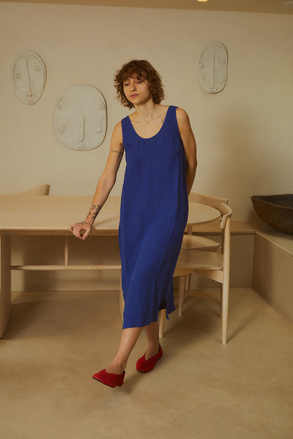 BASIC LINEN SHIFT DRESS | COBALT
