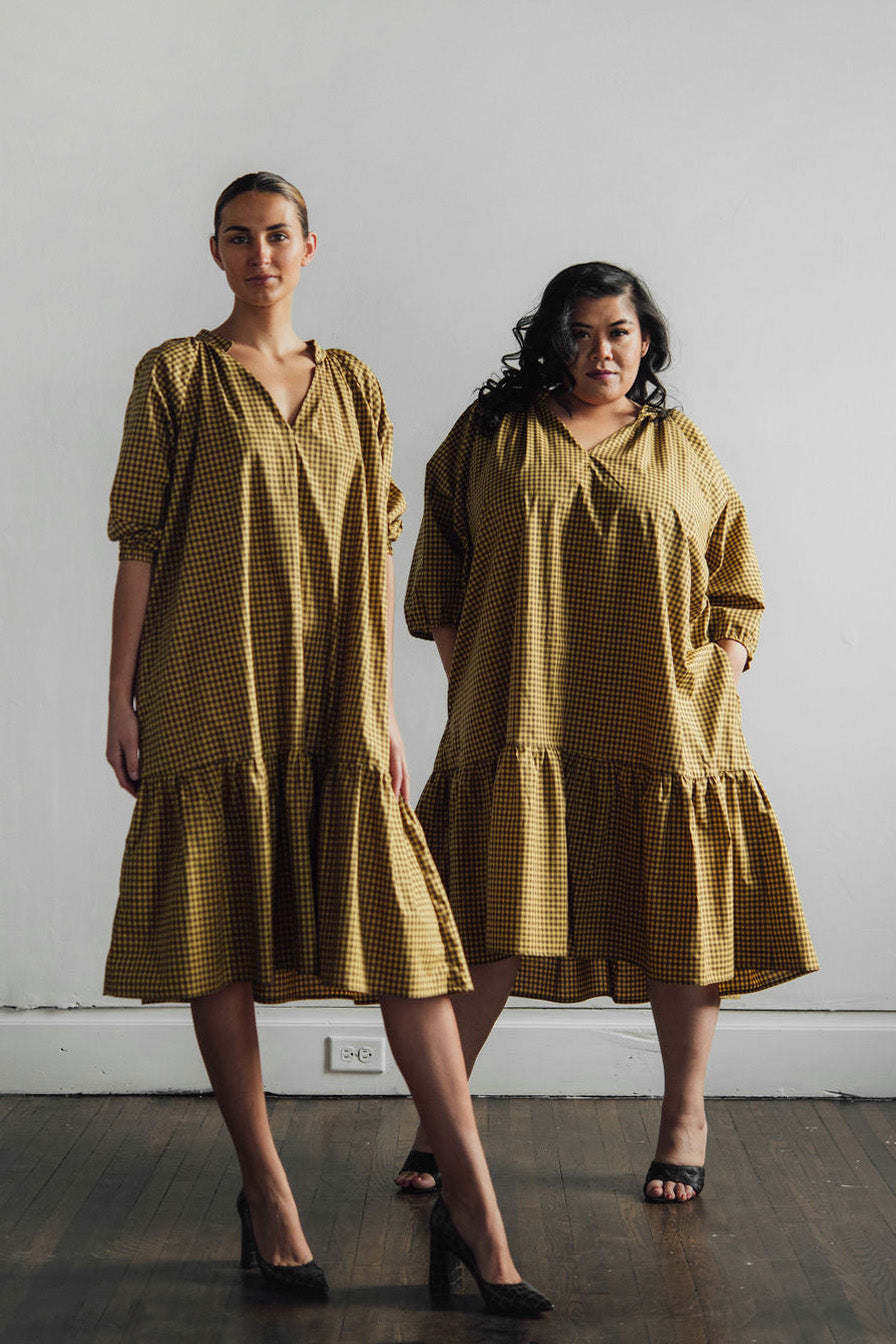 Gathered V-Neck Midi Dress | Gingham