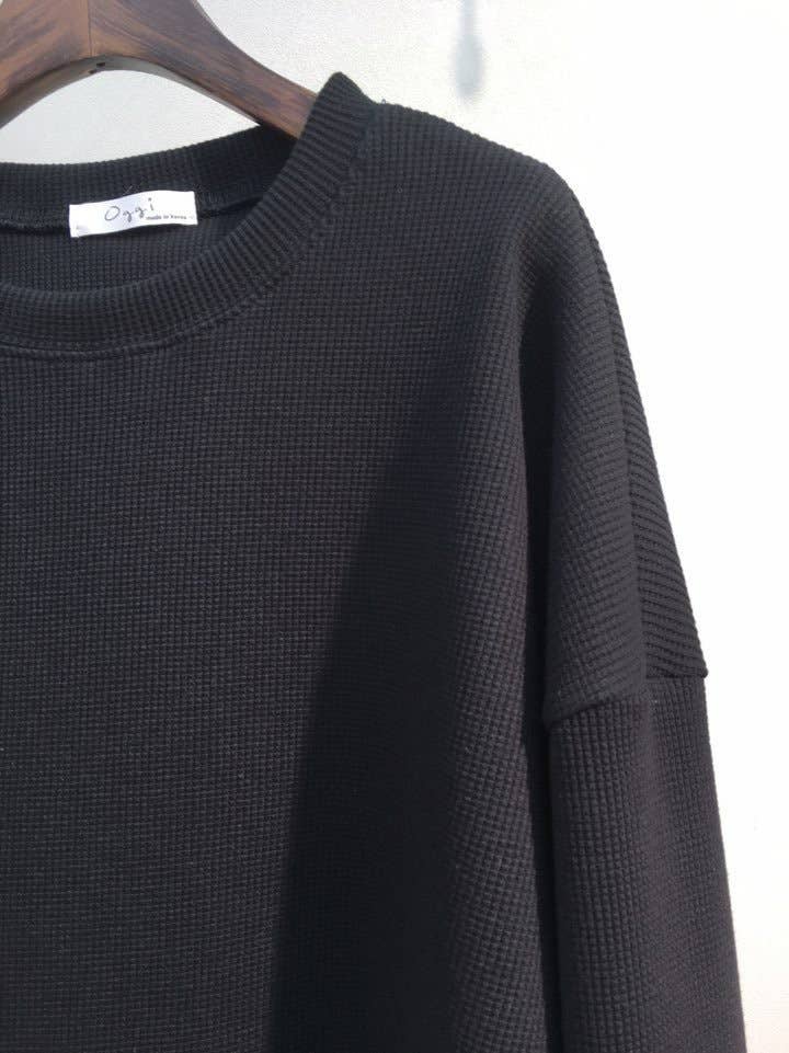 Waffle Knit Cotton Relaxed Long Sleeve Top | Black