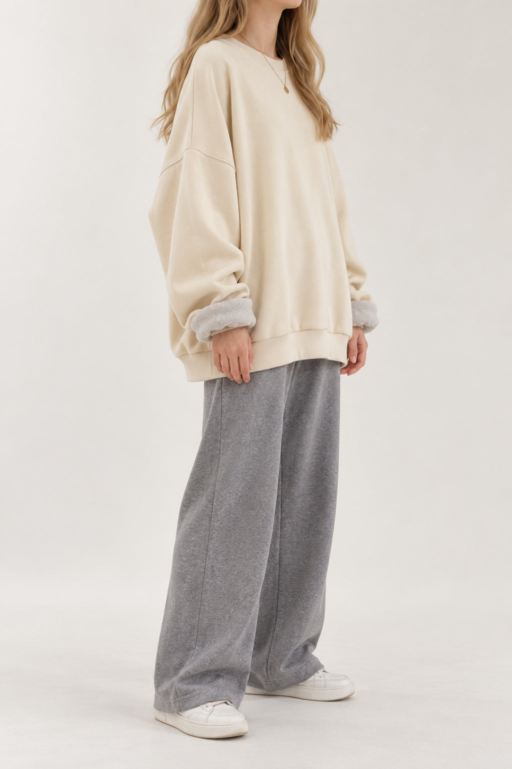 Overfit Thick Soft Cotton Fleece Sweatshirts | Beige