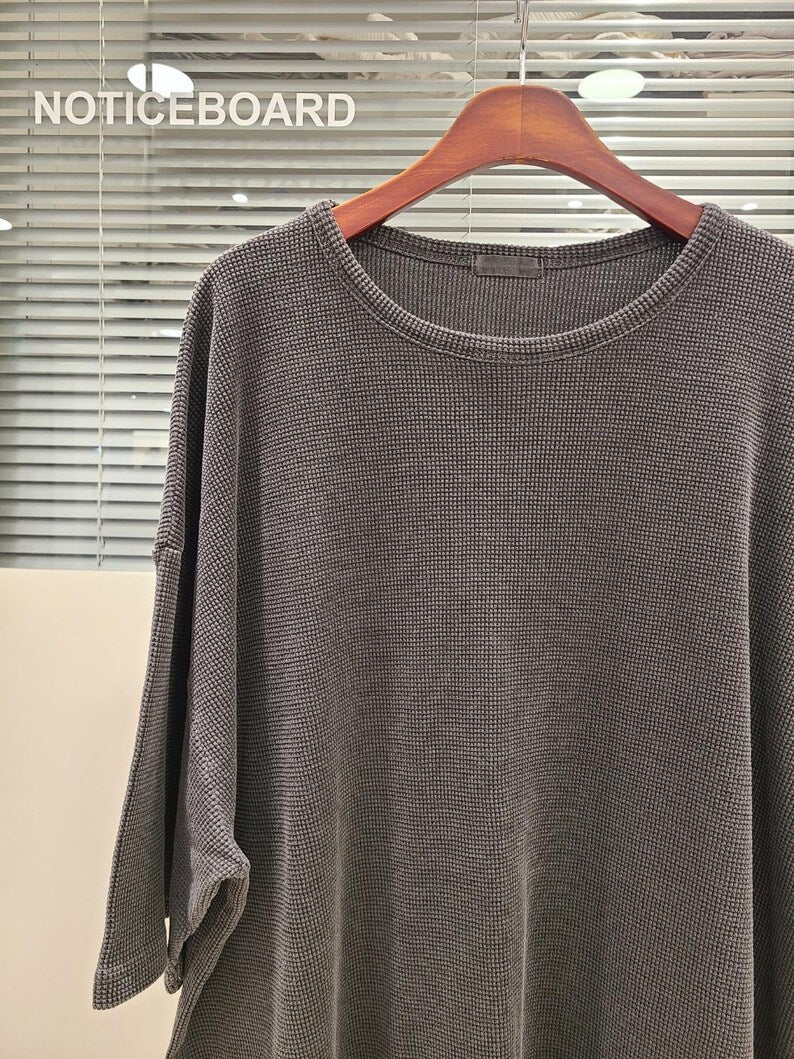 Waffle Texture Cotton Oversized Minimalist Top | Charcoal