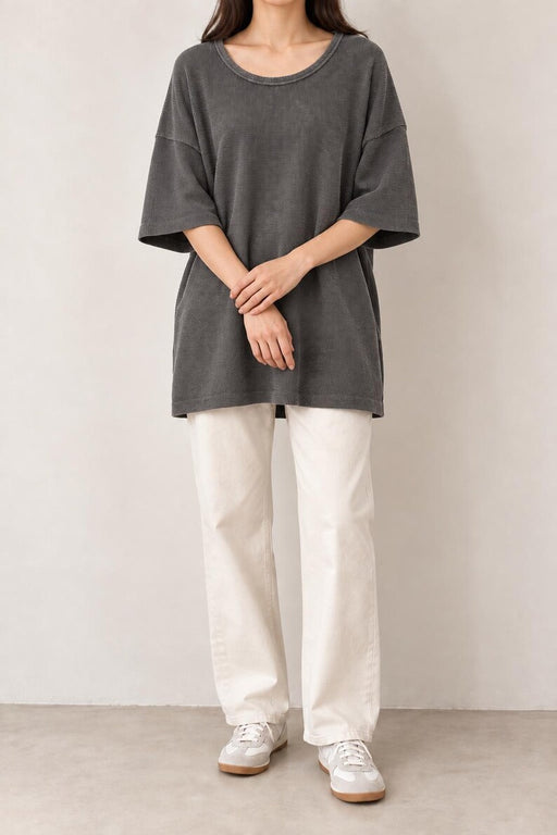 Waffle Texture Cotton Oversized Minimalist Top | Charcoal