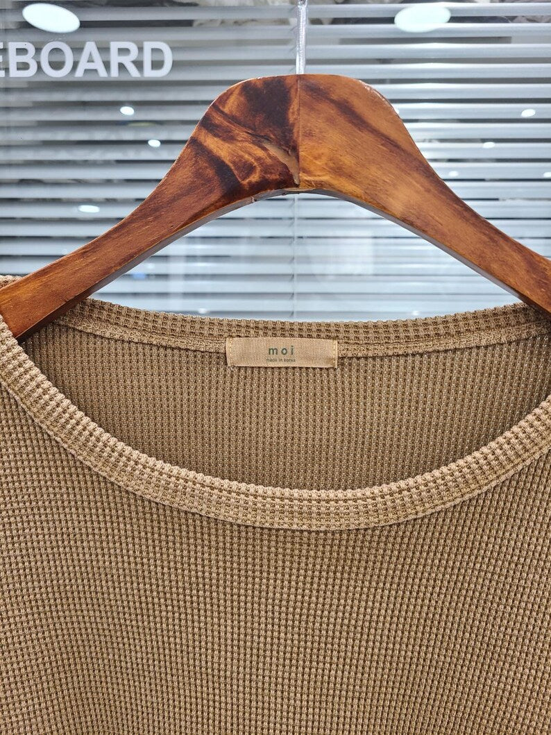 Waffle Texture Cotton Oversized Minimalist Top | Beige