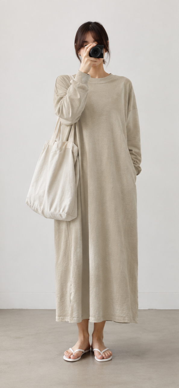 Oversized Long Sleeve Cotton Maxi Dress | Oat