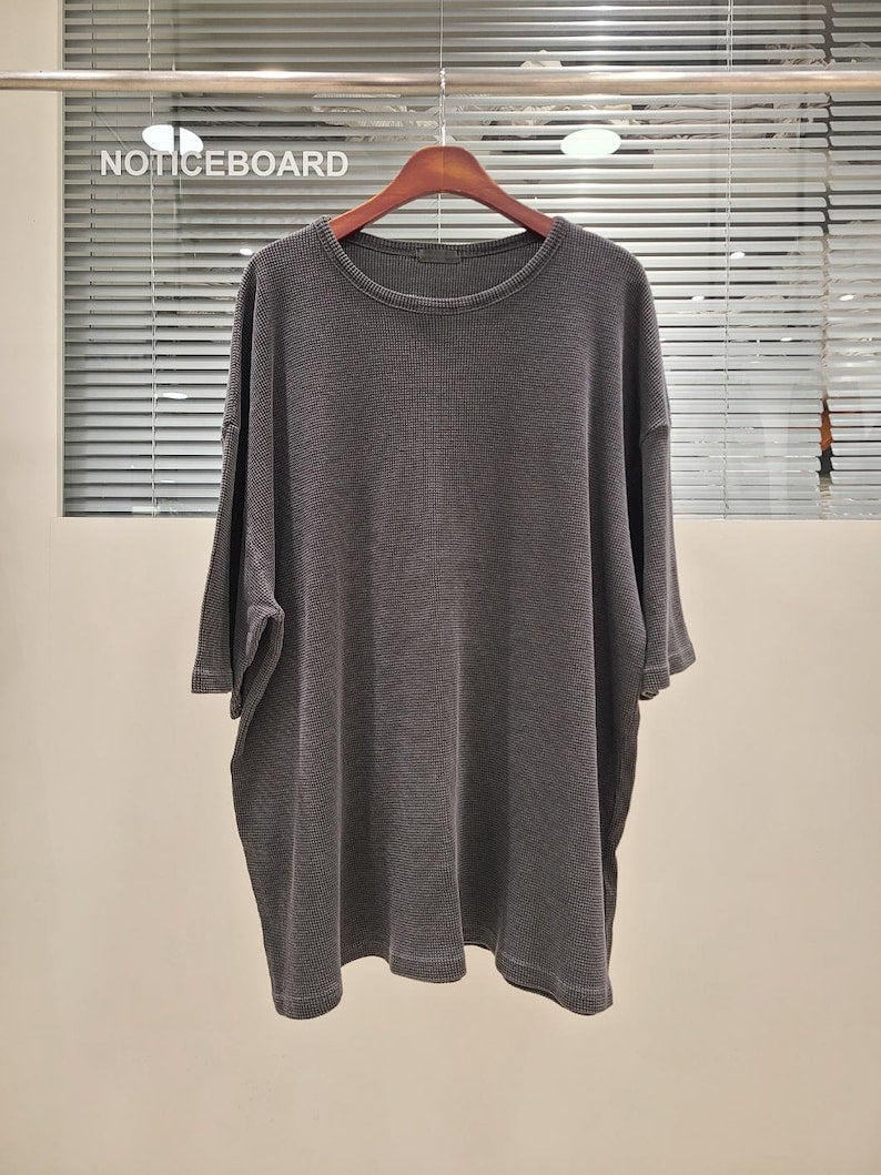 Waffle Texture Cotton Oversized Minimalist Top | Charcoal