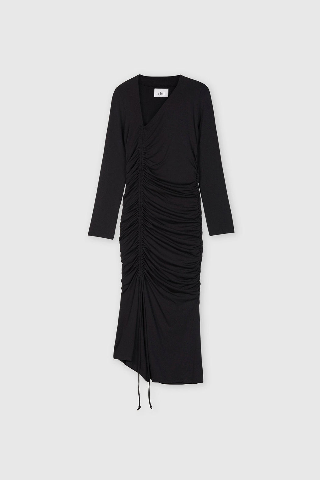 MODAL RUCHED ASYMMETRIC MIDI DRESS | BLACK