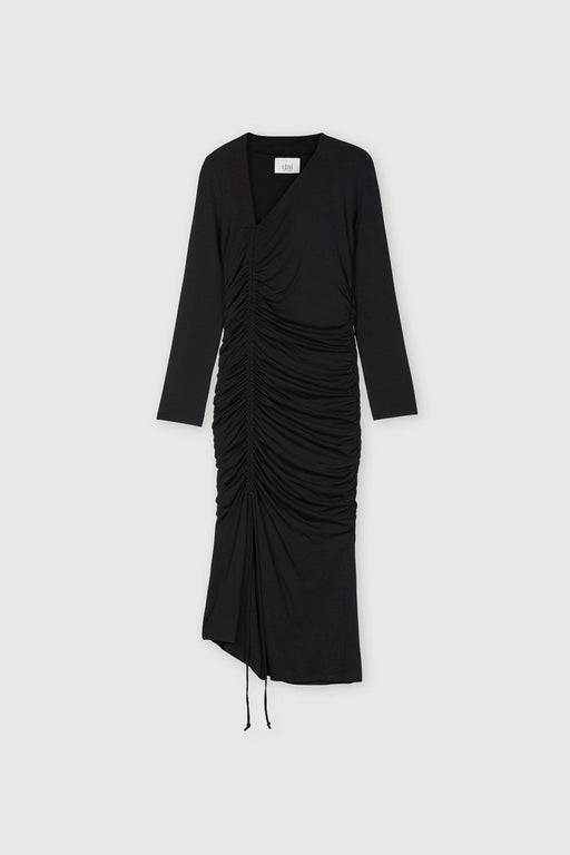 MODAL RUCHED ASYMMETRIC MIDI DRESS | BLACK