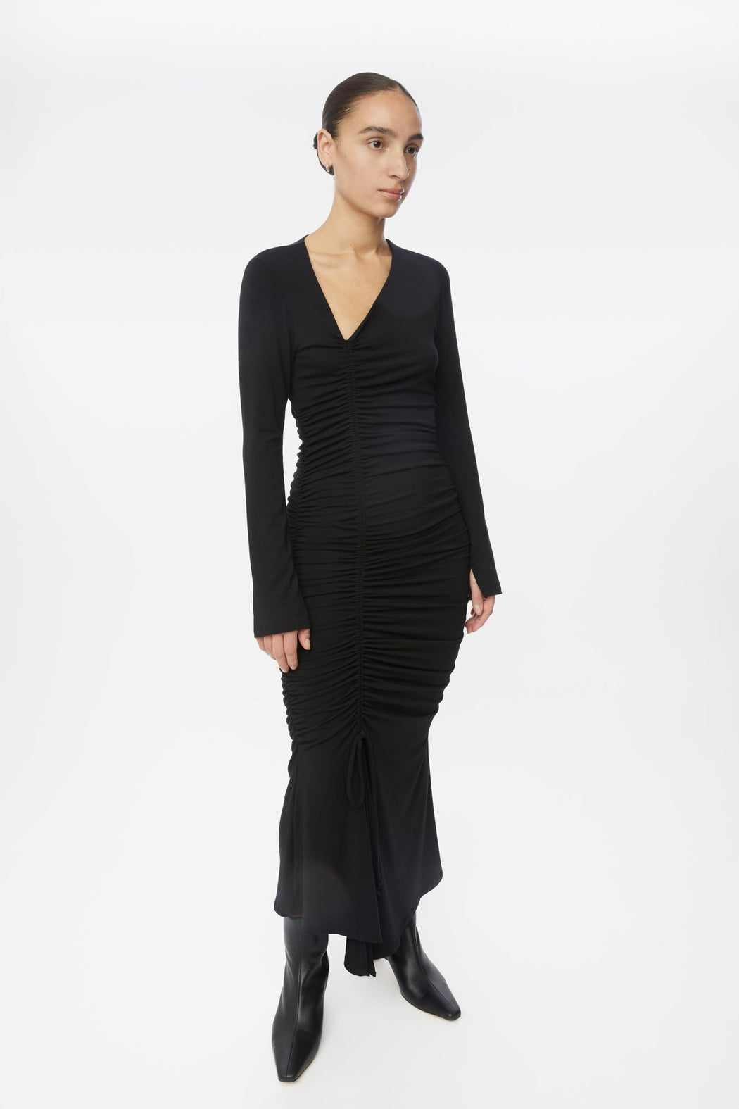 MODAL RUCHED ASYMMETRIC MIDI DRESS | BLACK
