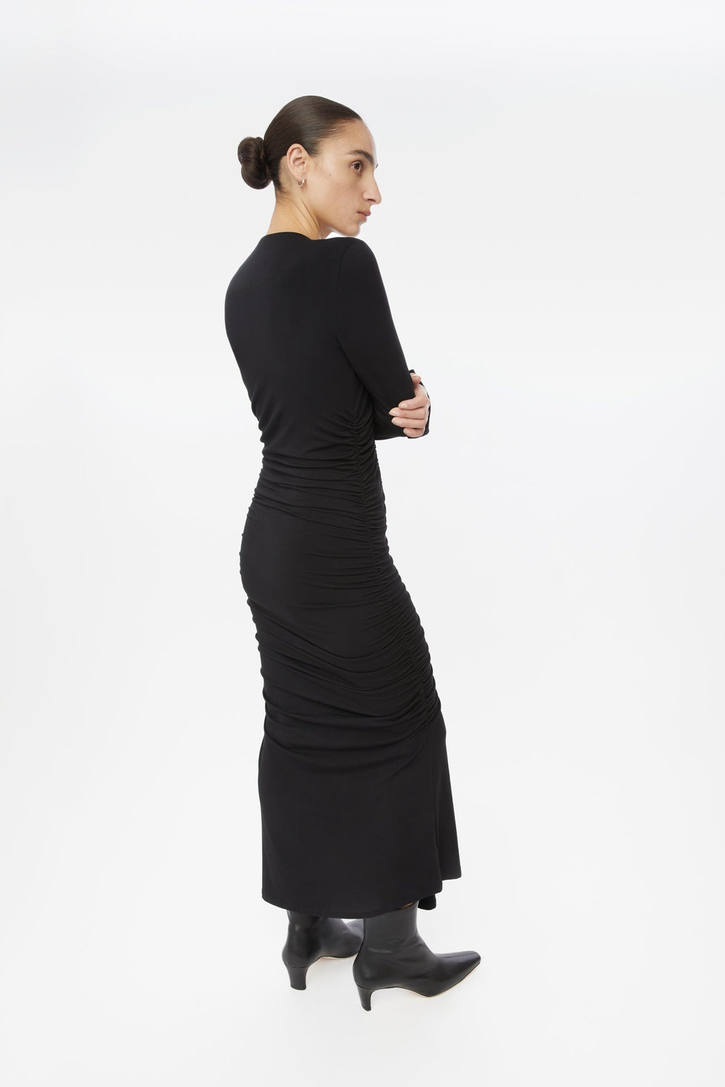 MODAL RUCHED ASYMMETRIC MIDI DRESS | BLACK
