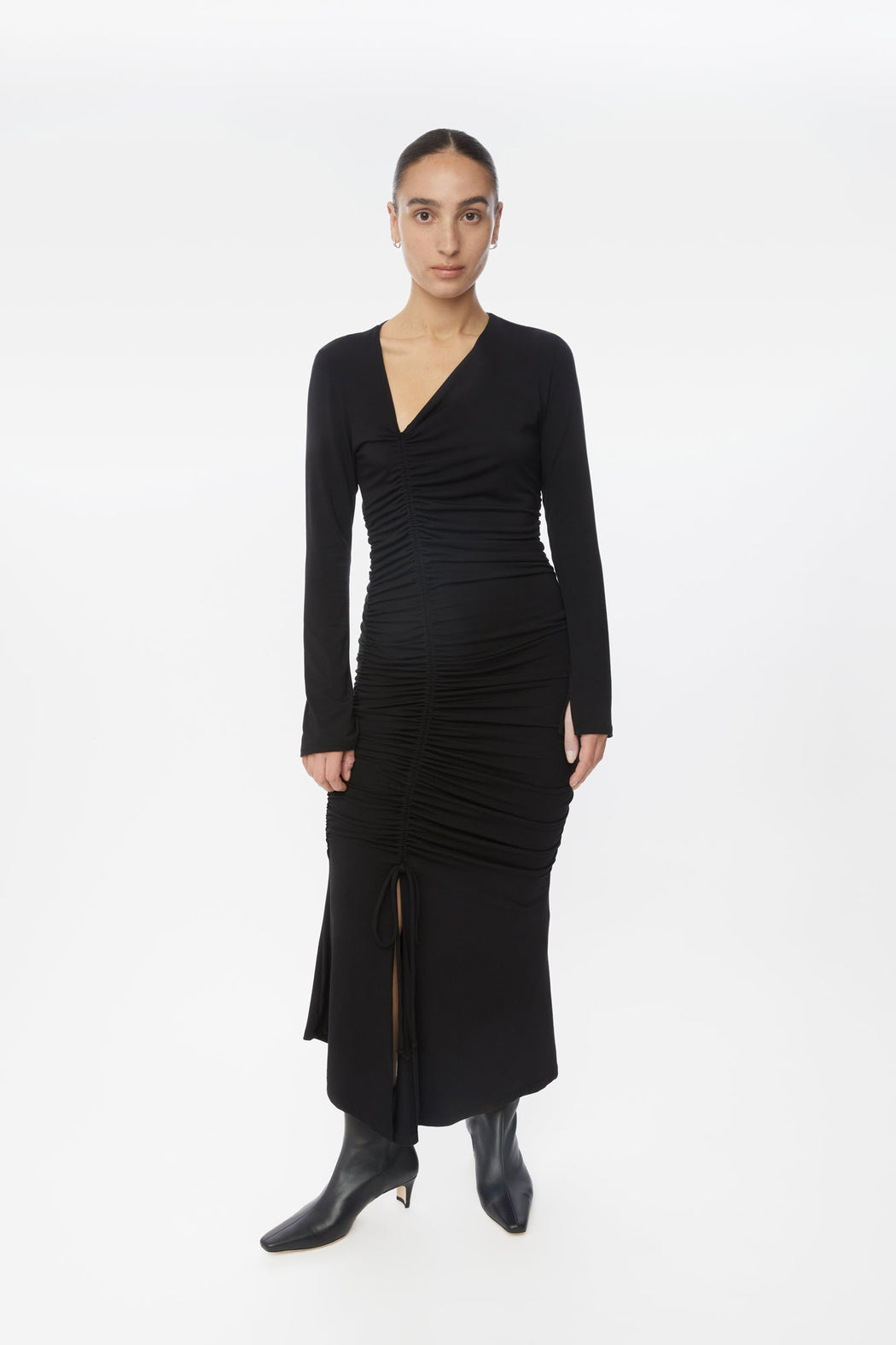 MODAL RUCHED ASYMMETRIC MIDI DRESS | BLACK