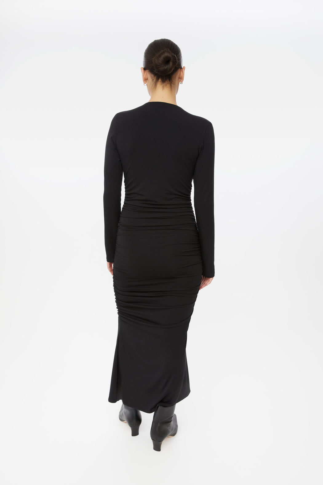 MODAL RUCHED ASYMMETRIC MIDI DRESS | BLACK