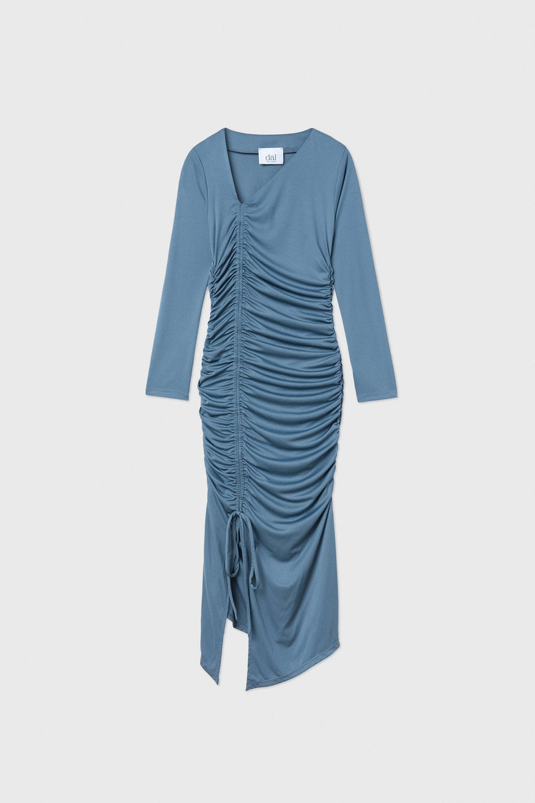 RUCHED ASYMMETRIC MIDI DRESS | BLUE GREY