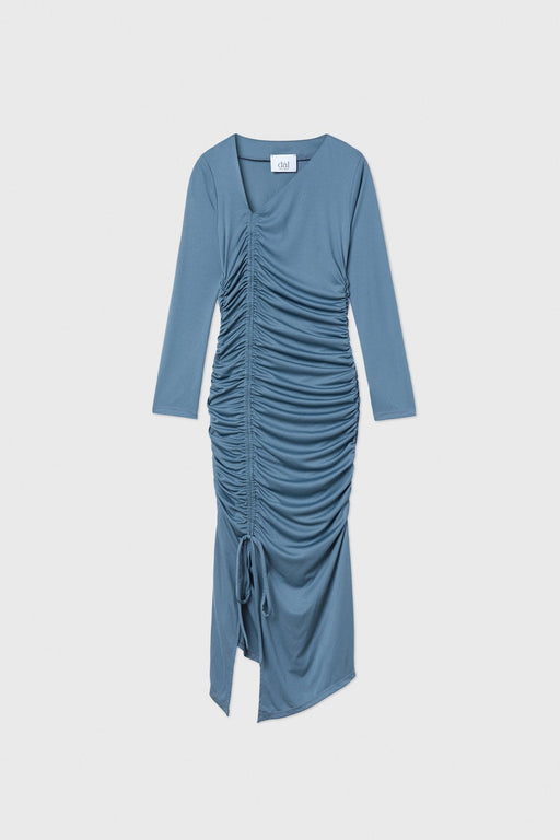 RUCHED ASYMMETRIC MIDI DRESS | BLUE GREY