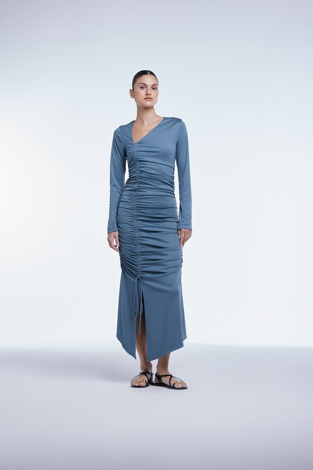 RUCHED ASYMMETRIC MIDI DRESS | BLUE GREY