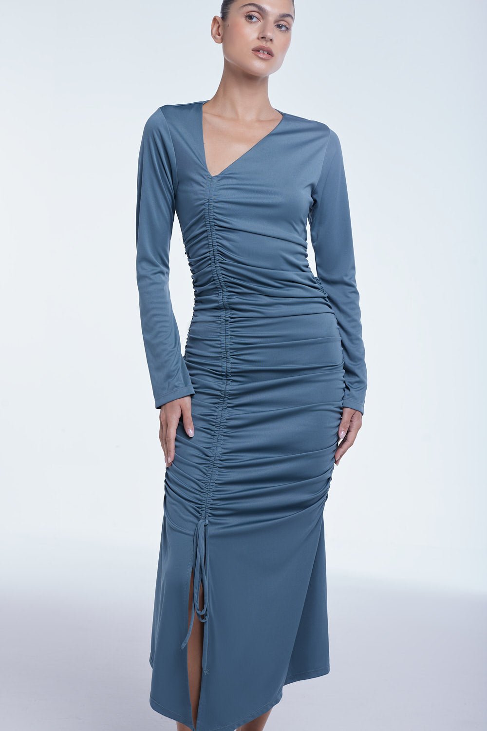 RUCHED ASYMMETRIC MIDI DRESS | BLUE GREY