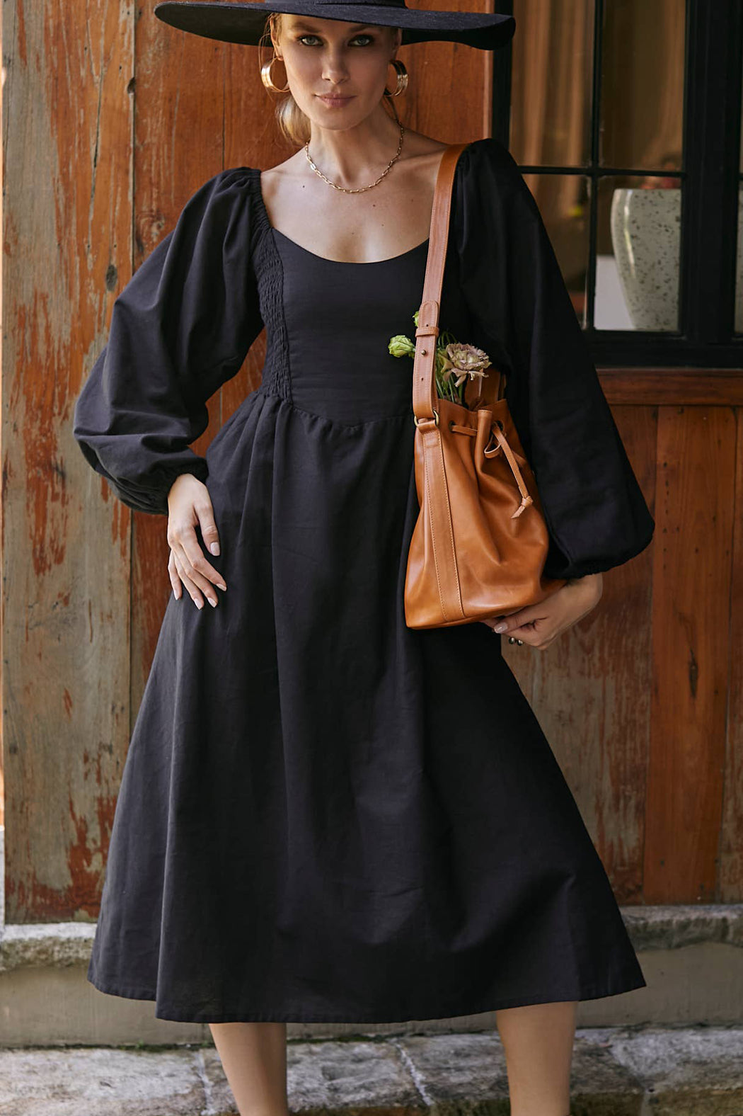 Alila Smocked Linen Midi Dress | Black